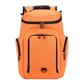 Detailed front view of a durable orange sports backpack with black zipper compartments - Orange and Black