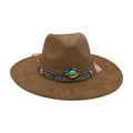 Cappello fedora marrone in feltro a tesa larga con perla turchese e nappa boho - Taglia unica / Verde Militare