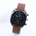 Macro shot of square black watch case with rivet details and brown silicone strap - Coffee Brown Black Case