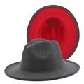 Stylish two-tone wool felt fedora hat in dark grey with a vibrant red brim bottom - M (56-58cm) / Dark Grey + Red