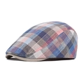 Men's plaid cotton linen newsboy cap with blue and pink checkered pattern and brim - Red Plaid / Adjustable