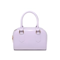 Detail of light purple glossy patent leather Boston bag with elegant gold hardware - Purple