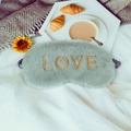 Plush faux rabbit fur sleep mask in sage green with golden LOVE embroidery and elastic strap - LOVE Embroidery / Gray