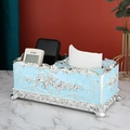 Light blue marble texture tissue box with silver floral carving and remote storage - Multi-functional / Silver Blue