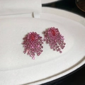 Macro detail of luxury pink gradient heart bow earrings with sparkling rhinestone tassels - Pink Rhinestone Tassel Long Drop Earrings (98# Silver Earring Post - Pink)