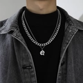 Double-layer stainless steel Cuban chain necklace with letter Q pendant for men - Letter Q (Double Chain + Pendant)