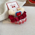 Close-up of plush polka dot scrunchies and heart bear hair ties on a warm linen background - Red Bear (3-Piece Set)