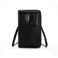 Mini black lychee leather phone bag with silver S-shaped buckle and crossbody strap - Black