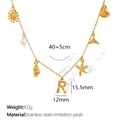 Gold bamboo necklace with letter R, shell, starfish, and pearl charms in stainless steel - Letter R (XL206)