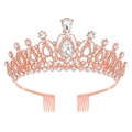 Macro shot of rose gold bridal tiara featuring pear-cut rhinestones and side combs - Rose Gold