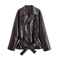 Short dark brown faux leather trench coat with double-breasted buttons and waist belt - XS / Deep purple