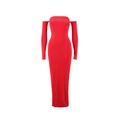 Detail view of red off-shoulder slim fit maxi dress with long sleeves and side split design - S / Red