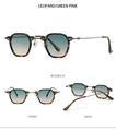 Detailed views of leopard frame sunglasses with green pink gradient lenses and metal legs - Leopard Frame Green Yellow Lens