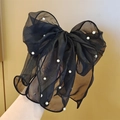 Lazo de organza negro de gran tamaño con elegantes perlas blancas para mujer - Lazo de gran tamaño / Negro