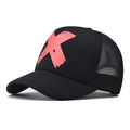 Detailed view of black trucker hat featuring a vibrant pink 3D printed X design. - Orange Red