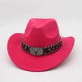Detail of felt cowboy hat featuring silver bull head buckle and star studs on black band - One Size (57cm) / Rose Red