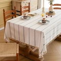 Linen table cloth featuring blue geometric stripes and beige tassels in a variant style - Grey and White Stripes