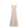 Elegant champagne satin midi slip dress with thin straps and V-neckline for women - XS / Khaki