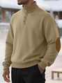 Detail of khaki waffle texture sweater with stand collar buttons and brown elbow patches - S / Khaki