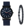 Close-up of men's blue canvas watch and matte black beaded bracelet gift set - Watch+Bracelet / Blue