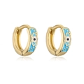 Detailed shot of golden hoop earrings featuring blue enamel evil eye patterns with zircons - Black
