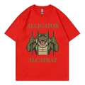 Women's red cotton crew neck t-shirt featuring alligator alcatraz cartoon graphic print - Red