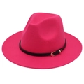 Close-up of vibrant pink wool fedora hat with black leather belt and gold buckle detail - M (56-58cm) / Rose Red (Black Leather Band)