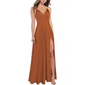 Robe de soirée longue orange marron à col en V, taille haute avec fente latérale haute - US 14 / Haut Et Bas / Couleur caramel