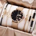 Women quartz watch set with starry butterfly dial and four matching gold bracelets - Brown Watch And Bracelet Set (picture Box)