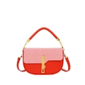 Red and pink contrast patchwork box bag with golden clasp and top handle for women - Red