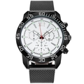 Men's business casual quartz watch with white dial and black stainless steel mesh band - White