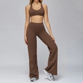 Women's two-piece brown brushed yoga set with sports bra and flared high-waist pants - Chocolate Brown (Bra+Wide Leg Pants)