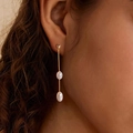 Elegant S925 silver needle pearl tassel earrings with gold-plated chain on model - Ear Line-2 Pearls / Gold