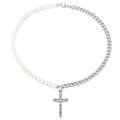 Collana hip hop catena cubana con perle e pendente a croce con diamanti lucidi - Stile Acciaio (KN230182-Z)
