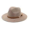 Close-up of khaki woven straw fedora featuring a slim brown leather band and gold buckle - M (56-58cm) / Dark Gray