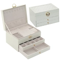 Three-layer cream jewelry box with gold lock and tiered compartments for rings - Rhombic 3-Layer / White