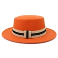 Classic orange flat top wool felt boater hat with a striped ribbon band for women - One Size 58cm Circumference / Orange