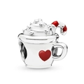 Silver hot cocoa charm with white enamel foam and red heart detail for charm bracelets - Hot Drink/Cocoa Charm (Red Heart)