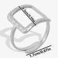 Adjustable silver 304 stainless steel ring detail with dimensions of the square texture top - Silver
