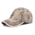 Detail of distressed ripped denim baseball cap in khaki with vintage washed finish - Adjustable / Lavender