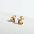 Golden heart stud earrings featuring micro-set purple cubic zirconia and vintage milgrain edges - Purple
