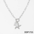 Silver starfish necklace with paperclip chain and white pearl accent, marine style - Starfish Pearl Necklace / Silver(DDP1755)