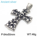 Punk style cross pendant with skull details in ancient silver finish for men - Antique Silver
