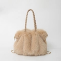 Faux fur shoulder bag in light beige with woven handle and gold chain strap - Khaki