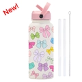 White 1L stainless steel water bottle with colorful bow pattern and straw set - Ivory White 23P
