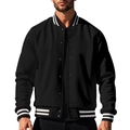 Men's heavy black varsity jacket with white striped ribbed collar and snap buttons - S / Black