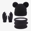 Black winter knit set for babies including pom-pom hat, scarf and touchscreen gloves - Black