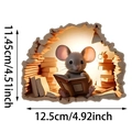 3D realistic mouse hole wall sticker featuring a cute mouse reading books in a study - Mouse Reading in Cave Study (UV50012T_T)