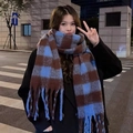 Maillard blue and dark brown plaid scarf with long fringes for winter warmth - Small Size / Shuxin Plaid Blue