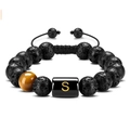 Lava stone bead bracelet with tiger eye stone and gold letter S charm - Letter-S